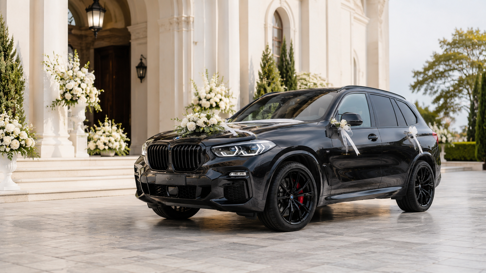 Czarne BMW X5 udekorowane do ślubu przed jasnym kościołem